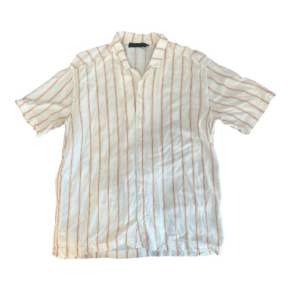 Men's White and Orange Striped Button Down Shirt